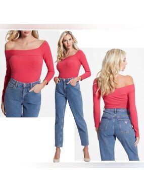 Guess Amelia Off Shoulder Fitted Ribbed Top In Fruit Punch Pink Sz L NWT